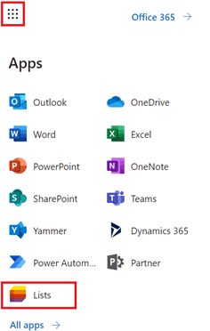 Screenshot of the Microsoft 365 list of apps.