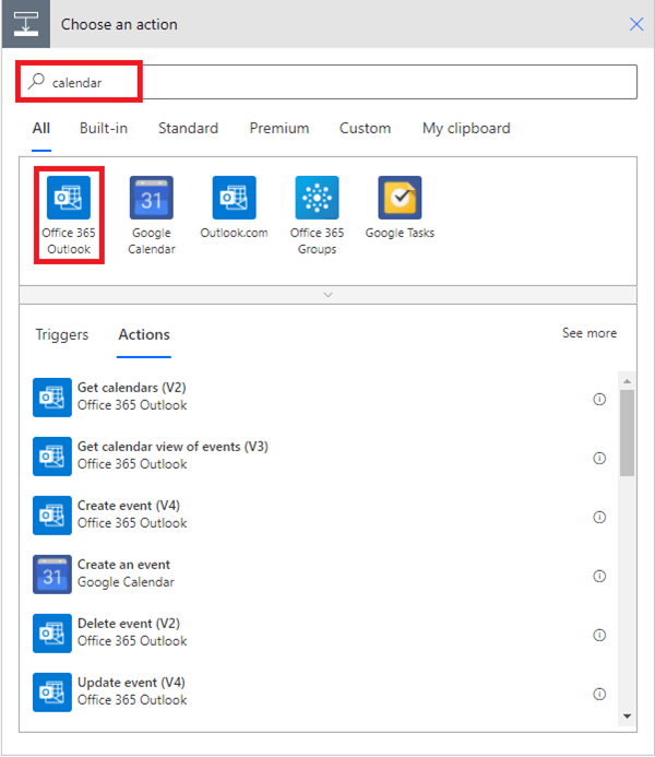 Screenshot of associating a flow with Office 365 Outlook calendar in Power Automate.