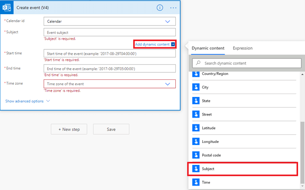 Screenshot of creating a calendar event in Power Automate.