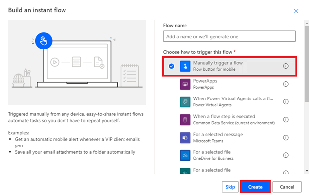 Screenshot of selecting a Manual Trigger to a Flow option in Power Automate.