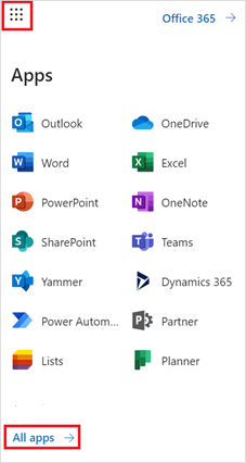 Screenshot of the Apps menu in Microsoft 365.