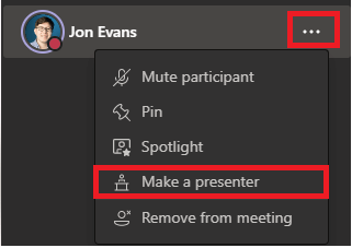 Image of the 'Make a presenter' option in Microsoft Teams.