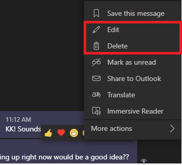 Image of Delete and Editing a message in Microsoft Teams.