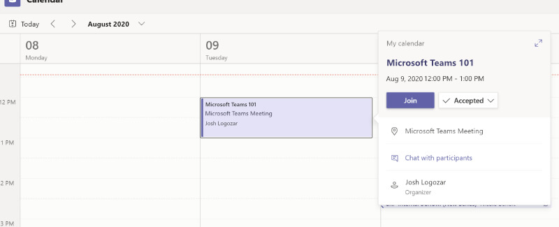 Image of joining a Microsoft Teams meeting through the calendar.