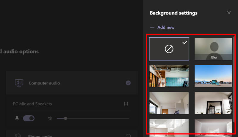 Image of the backgrounds settings and standard background image options for Microsoft Teams.