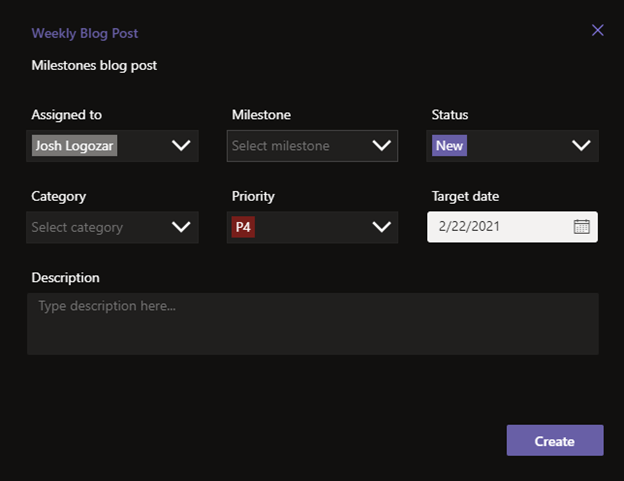 Options when creating a New Work Item in the Milestones app in Microsoft Teams.