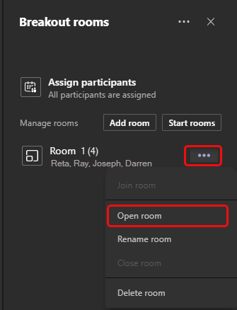 Image of how to open a breakout room in Microsoft Teams.