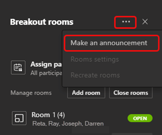 Image of how to make an announcement to breakout rooms in Microsoft Teams.