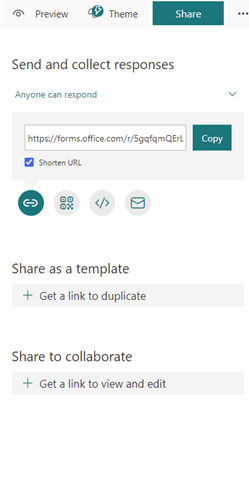 Image of the share options in Microsoft Forms. 