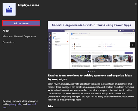 Image of adding the Employee Ideas app in Microsoft Teams.