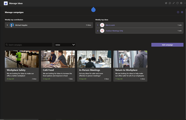 Image of the manage ideas dashboard in the Employee Ideas app in Microsoft Teams.