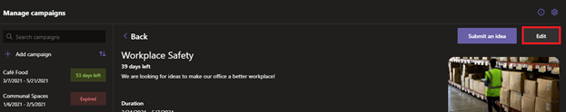 Image of editing a campaign in the Employee Ideas app for Microsoft Teams.