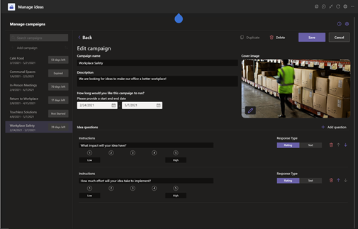 Image of editing a campaign in the Employee Ideas app for Microsoft Teams.