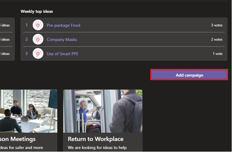 Image of adding a campaign in the Employee Ideas app for Microsoft Teams.