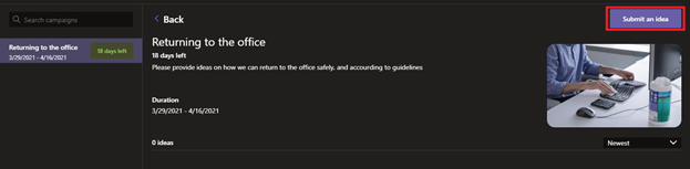 Image of submitting an idea in the Employee Ideas app for Microsoft Teams.