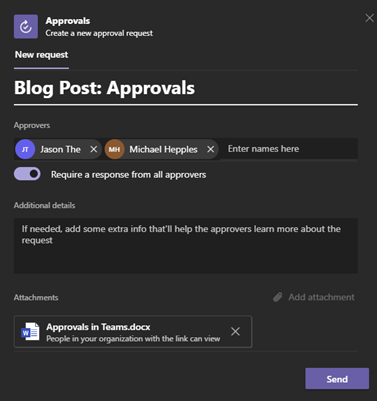 Image of the a new approval request in Microsoft Teams.