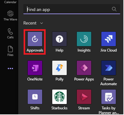 Image of searching for the Approval App in Microsoft Teams.