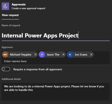 Image of assigning a task using the Approvals app in Microsoft Teams.