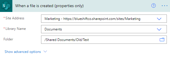 Image of selecting a document library and folder in Power Automate.