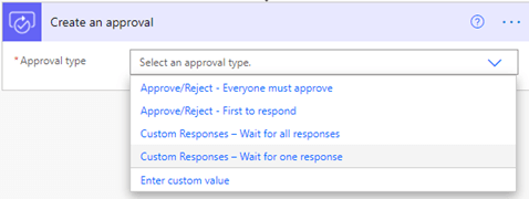 Image of selecting and approval type in Power Automate.