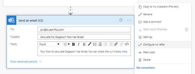 Image of configuring an action to run after another in Power Automate.