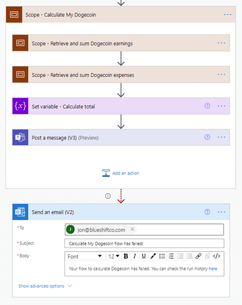 Image of a flow with an added error notification in Power Automate.