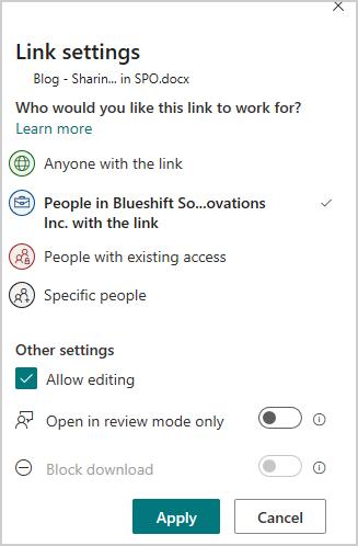 Image of the share pop-up options in Microsoft OneDrive.