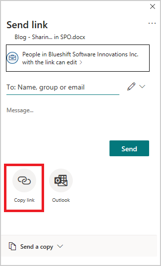 Image of the share pop-up options in Microsoft OneDrive.