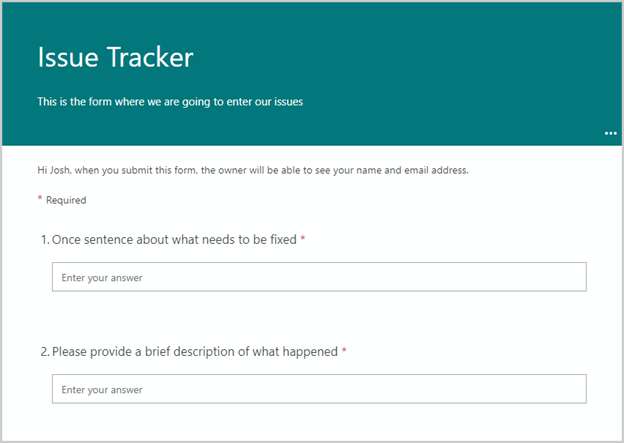 Image of an Issue Tracker form created using Microsoft Forms.