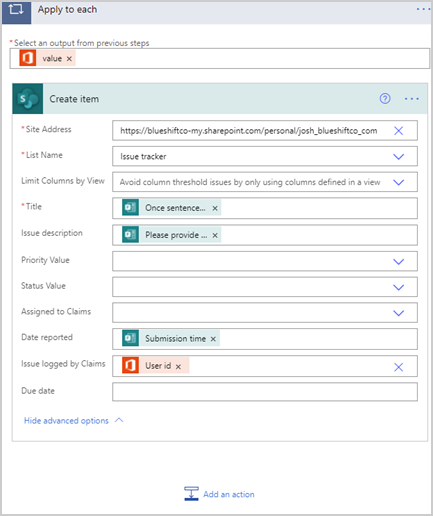 Image of a 'Create Item' action using Dynamic Content in Power Automate.