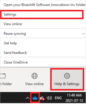 Image of the 'Help and Settings' menu in OneDrive.