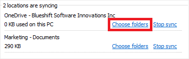 Image of the settings menu in OneDrive highlighting the 'Choose folders' link.