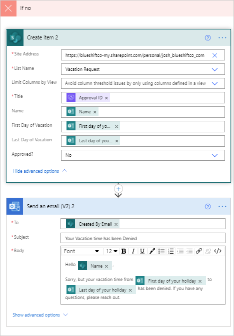 Image of a vacation request approval flow created in Power Automate.