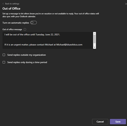 Image of scheduling Out of Office status options in Microsoft Teams.