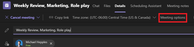 Image of the Meeting Options link in Microsoft Teams.