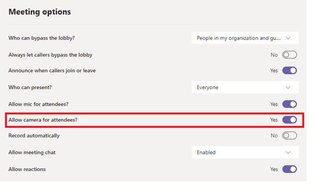 Image of setting 'Allow camera for attendees? in Microsoft Teams.