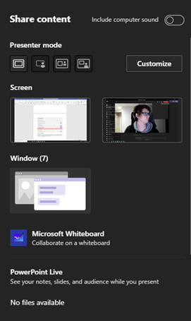 Image of the share content options in Microsoft Teams.