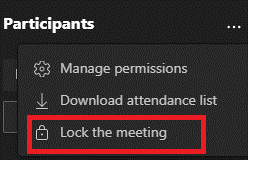 Image of 'Lock the meeting option in Microsoft Teams.