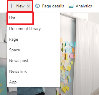 Image of creating a new list in a SharePoint Site.