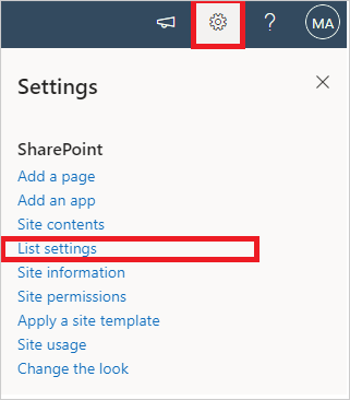 Image of the List Settings menu in a SharePoint Site.