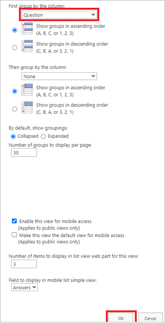 Image of 'Group by' list settings in a SharePoint Site.