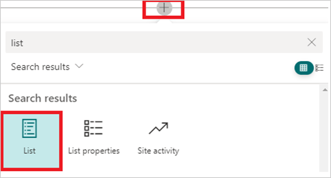 Image of adding the 'List' webpart in a SharePoint Site page.