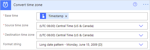 Image of the "Convert time zone" action in Power Automate.