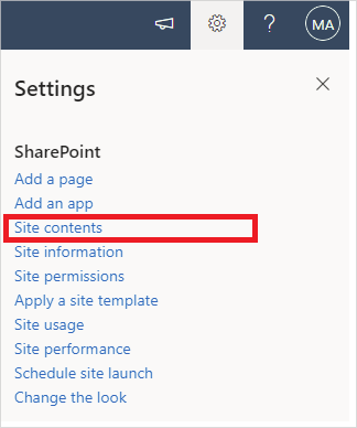 Image of the Site Contents option under Site Settings menu in SharePoint Online.