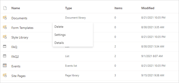 Image of the Site Contents view in SharePoint Online.