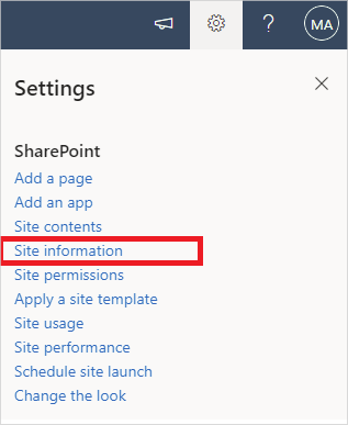 Image of the Site Information option under Site Settings menu in SharePoint Online.