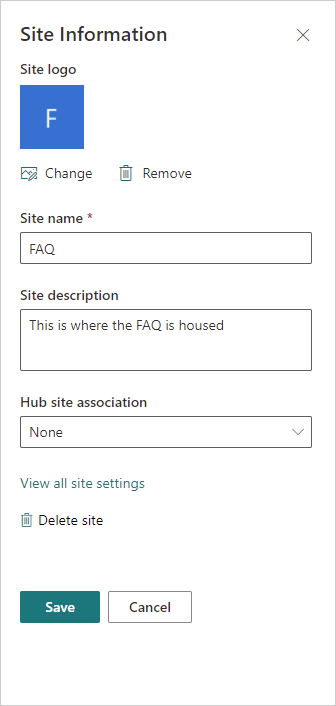 Image of the Site Information menu in SharePoint Online.