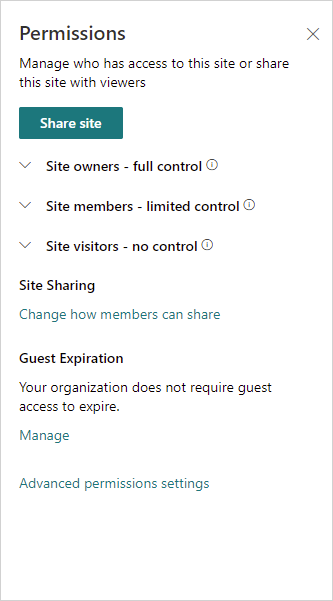 Image of the Site Permissions menu in SharePoint Online.