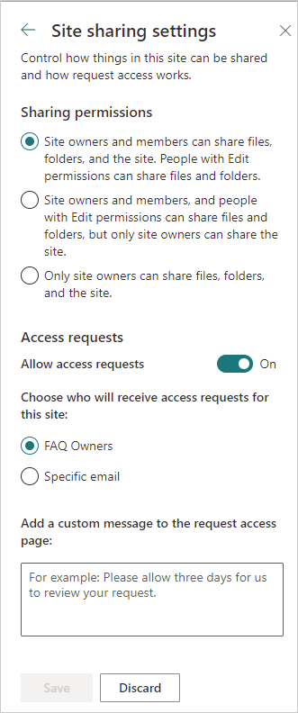 Image of the Site Sharing Settings menu in SharePoint Online.