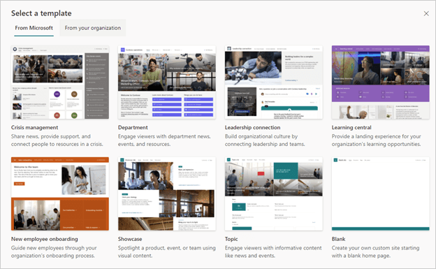 Image of the Site Template options in SharePoint Online.